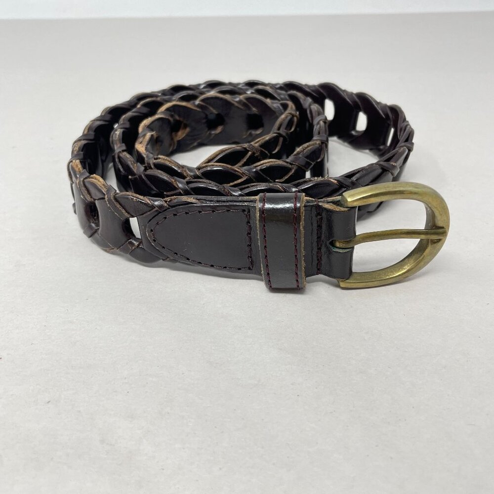 Vintage Brown Woven Leather Belt Womens SM Braided Brass Buckle Classic Preppy